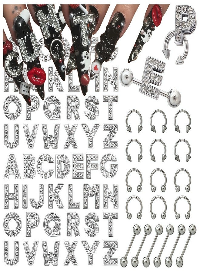 BHCCXZ 70PCS Nail Charms Alloy Sliver Large Letters Charm Piercing Nail Charms for Nails Design，3D Y2k Nail Jewels Bulk Nail Art Decor Set - Image 1